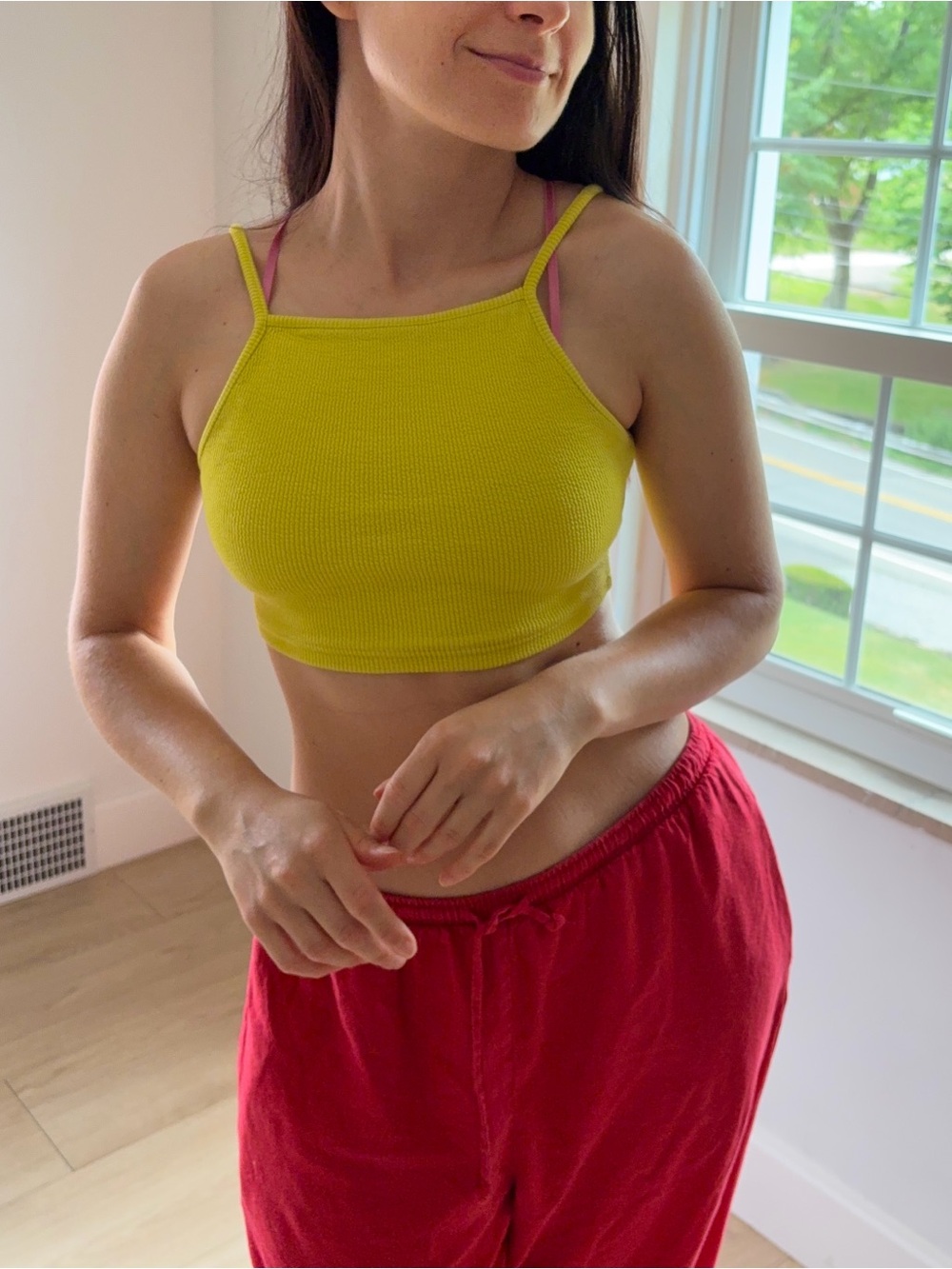 Topshop PETITE Yellow Ribbed Cropped Tank with Straps